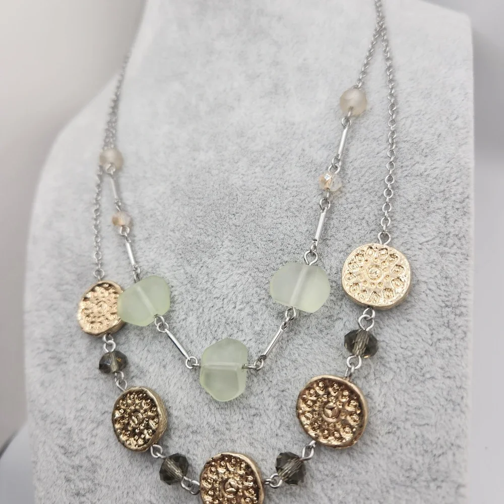 Boho Layered Necklace Gold Coin Crystal Green Bead Silver Tone J. Jill NEW